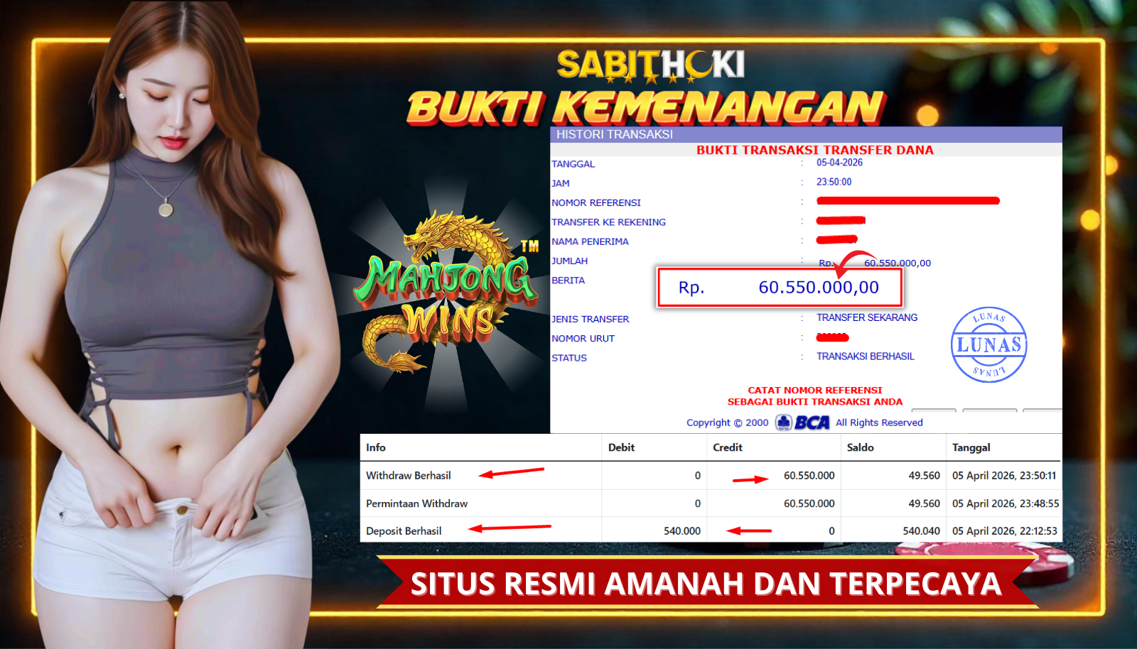 SELAMAT KEPADA MEMBER SETIA SABITHOKI BERHASIL JACKPOT DI PERMAINAN MAHJONG WAYS